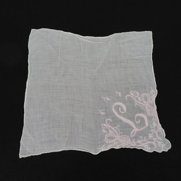 Handmade Embroidered Pink L Initial Monogram Scroll Handkerchief Hankie Vintage - Picture 2 of 9